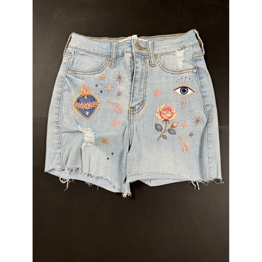 Celebrity Pink Women's Denim Shorts Size 3/26 Custom Upcycled Celestial Boho Raw